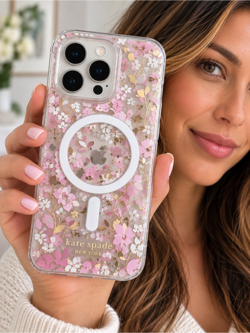 NWOT Kate Spade Floral MagSafe iPhone 15 Pro Case Pink Gold Clear